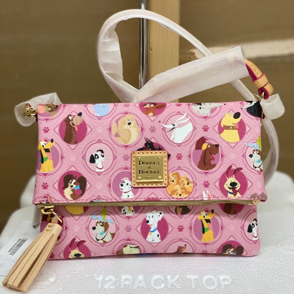 NWT Disney Dooney Bourke Pink Dogs Fold Over Crossbody Purse